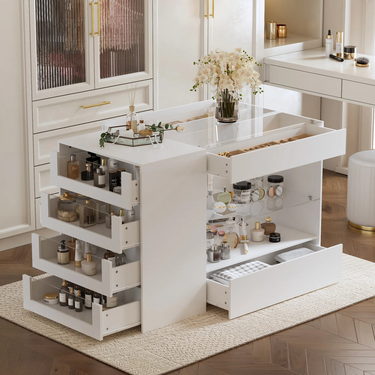 KULAGAGA Closet Island with Glass Top & 8 Drawers,Wardrobe Armoire  Island for Walk-in Closet, Store Dressing Room, 47.2��W x 23.6��D x 31.5��H