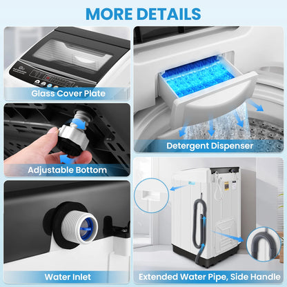 Veeboto 20lbs Fully Automatic Washing Machine, Washer Machine with 10 Wash Programs/8 Water Levels, Portable Washing Machine with LED Display & 1 Adjustable feet, White