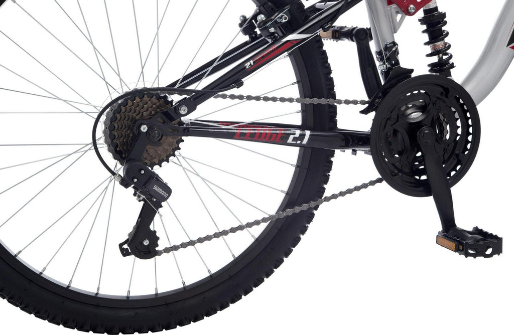 Mongoose Ledge 2.1 Mountain Bike. 24-inch wheels. 21 speeds. boys frame. Silver/Red
