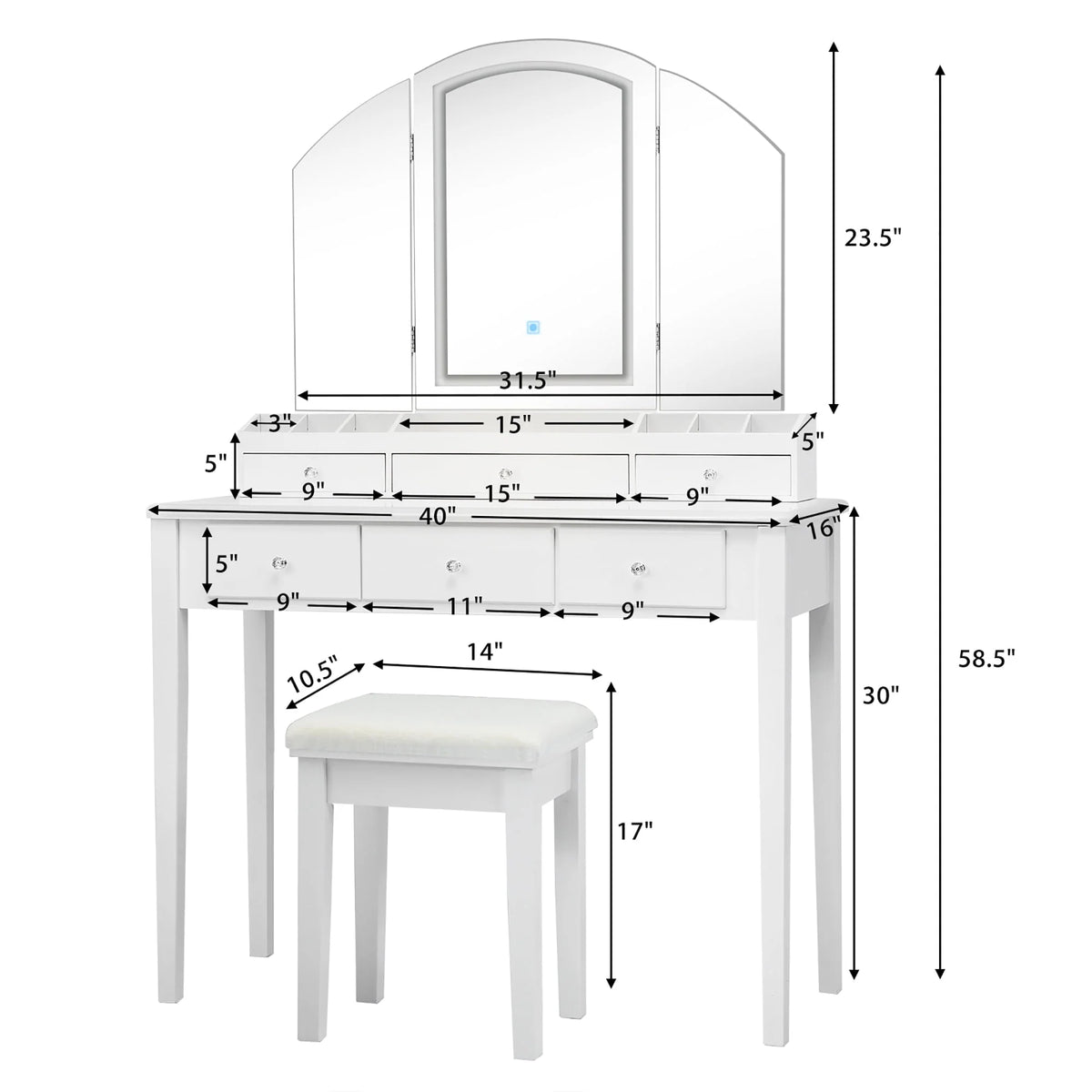Costway Vanity Table Stool Set Large Tri-folding Lighted Mirror 6 Drawer Dresser White
