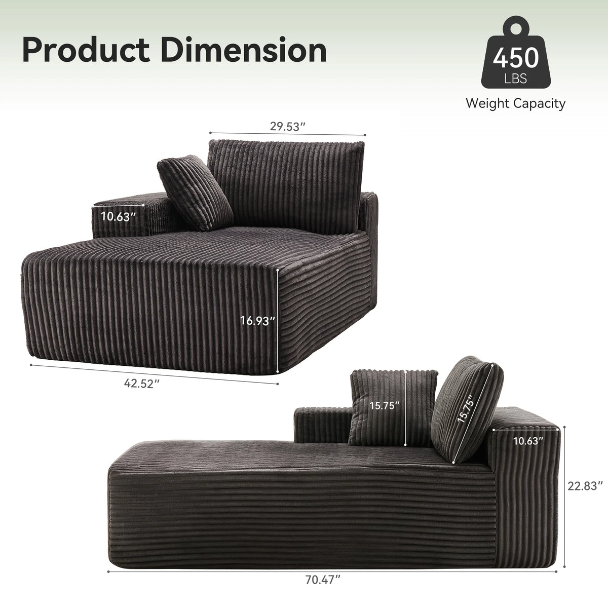 LUMIHO Chaise Lounge Chair Indoor, 42" Sleeper Chair with Two Throw Pillows and Armrests, Corduroy Chaise Couch Chair with Ottoman for Living Room, Bedroom, Apartment, Green