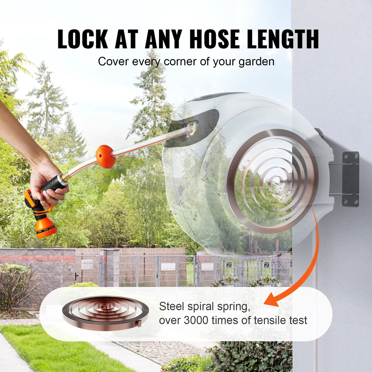 BENTISM Retractable Hose Reel, 115 ft x 1/2 inch, 180�� Swivel Bracket Wall-Mounted, Garden Water Hose Reel with 9-Pattern Nozzle, Automatic Rewind, Lock at Any Length, and Slow Return System