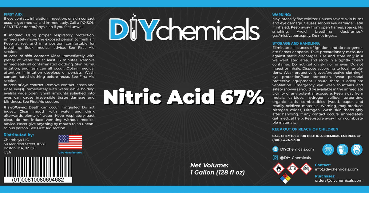 DIYChemicals Nitric Acid 67% - Used in Production of Ammonium Nitrate, Making Plastics, Manufacturing of Dyes, Metal Processing