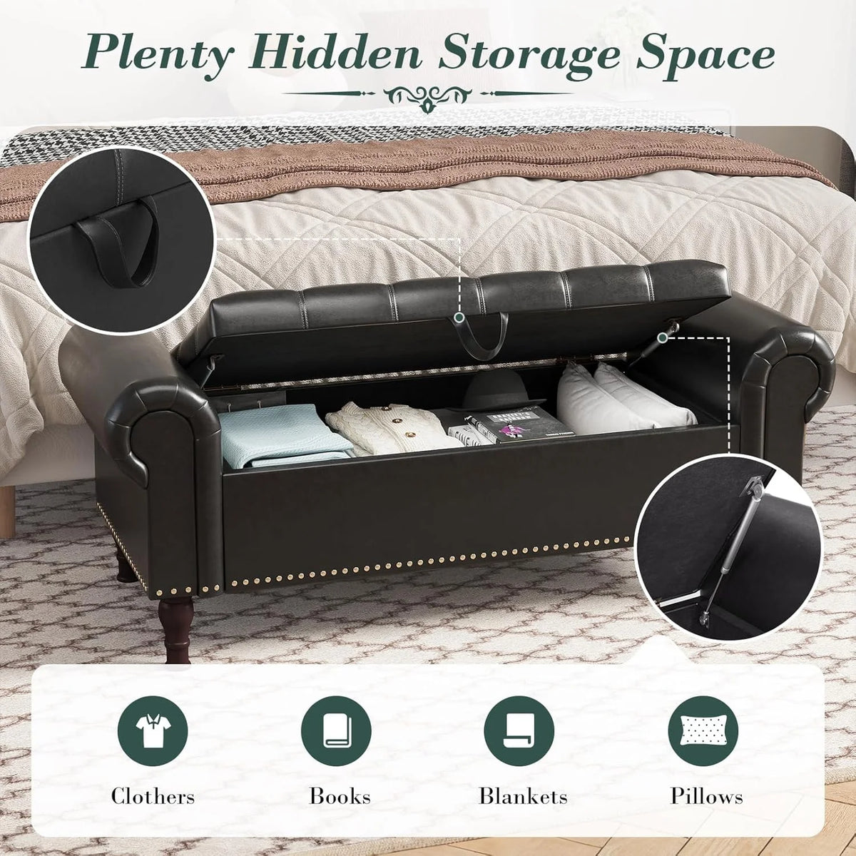 YOUDENOVA Storage Ottoman Bench for Bedroom 51" Queen Leather Storage Bench with Button, Upholstered Bedroom Bench with Rolled Arms for Living Room, Storage Room, Entryway, Gray