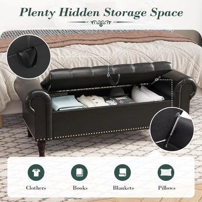 YOUDENOVA Storage Ottoman Bench for Bedroom 51" Queen Leather Storage Bench with Button, Upholstered Bedroom Bench with Rolled Arms for Living Room, Storage Room, Entryway, Gray