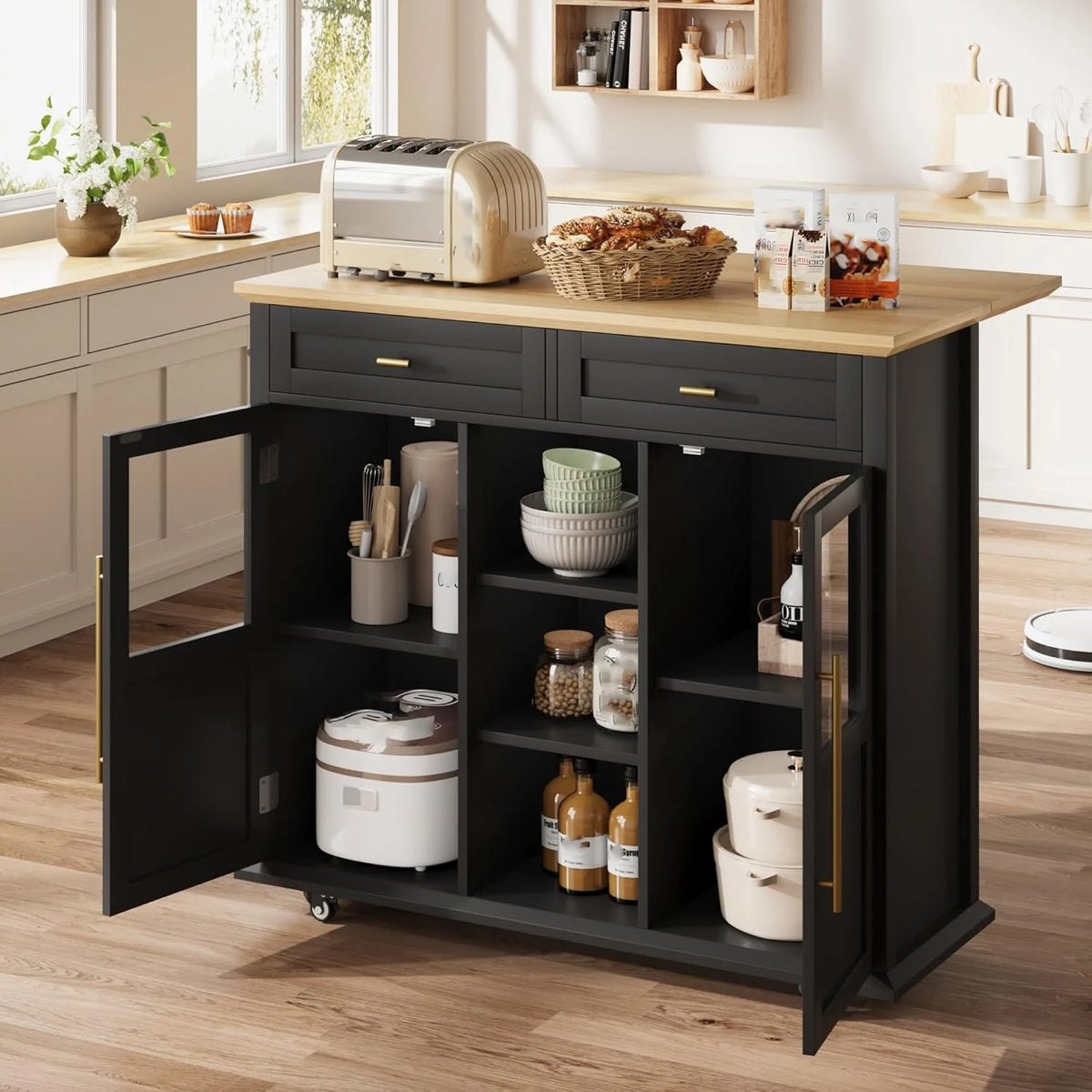 WALYWIK Foldable Kitchen Island Cart with Wheels, 2 Glass Doors, Spice Rack & Towel Holder �C Compact Mobile Storage Cart for Small Kitchens, Dining Rooms, Camping & RVs - Grey
