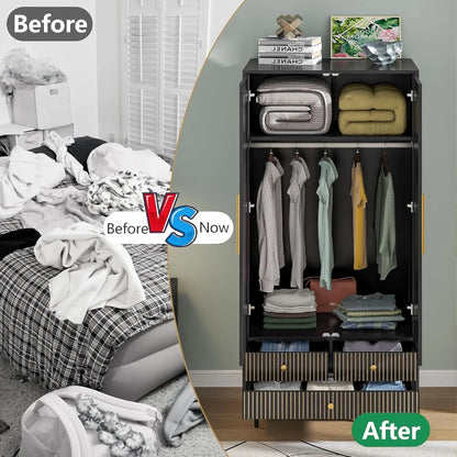Armoire Wardrobe Closet with 2 Doors, Wardrobe Cabinet with Hanging Rod and Drawers, Wooden Closet for Bedroom, White