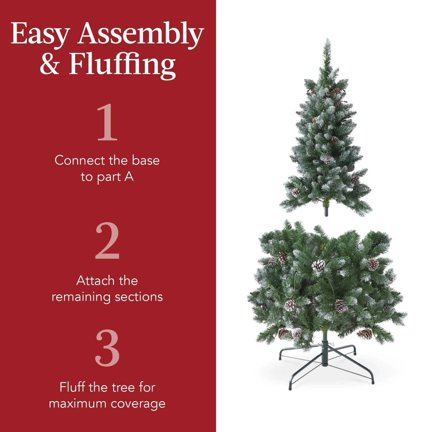 Best Choice Products 6ft Pre-Lit Partially Flocked Pencil Christmas Tree w/ 250 Lights, Pine Cones, Foldable Stand