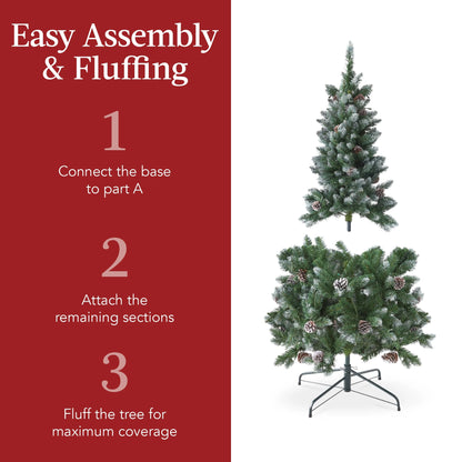 Best Choice Products 6ft Pre-Lit Partially Flocked Pencil Christmas Tree w/ 250 Lights, Pine Cones, Foldable Stand