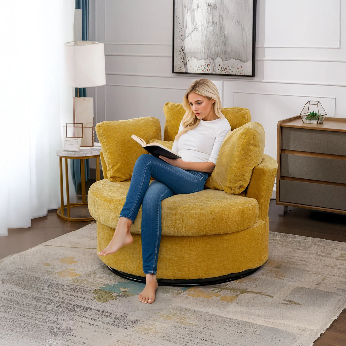 Muumblus Teddy Swivel Accent Barrel Chair, Modern Oversize Sherpa Comfy Round Reading Armchair for Living Room, Ivory