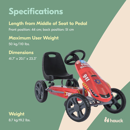 Hauck Speedster Pedal Go Kart w/ Adjustable Bucket Seat for Kids Ages 4 to 8, Fire Rescue