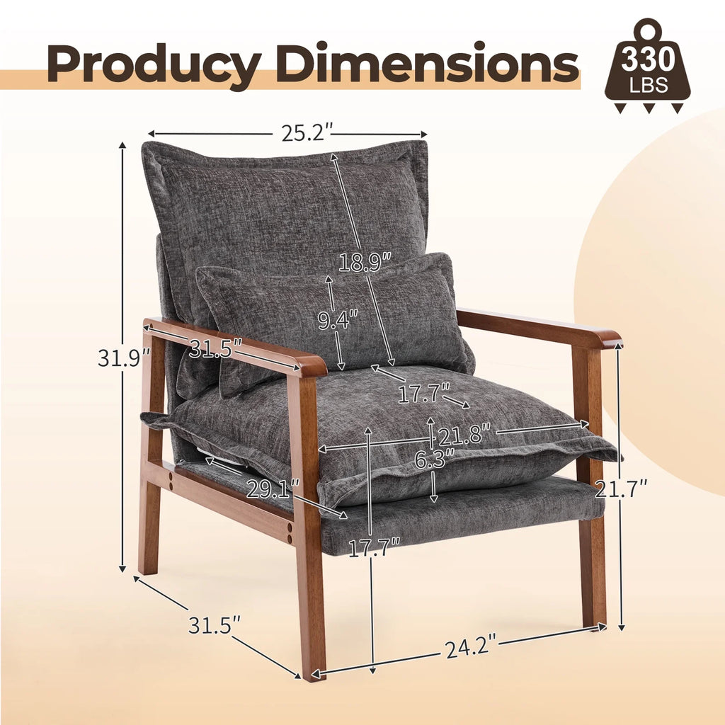 Ktaxon Chenille Accent Chair, Solid Wood Armrests Armchair, Metal Frame for Stability, Single Sofa with Comfortable Cushions and Lumbar Pillow Beige