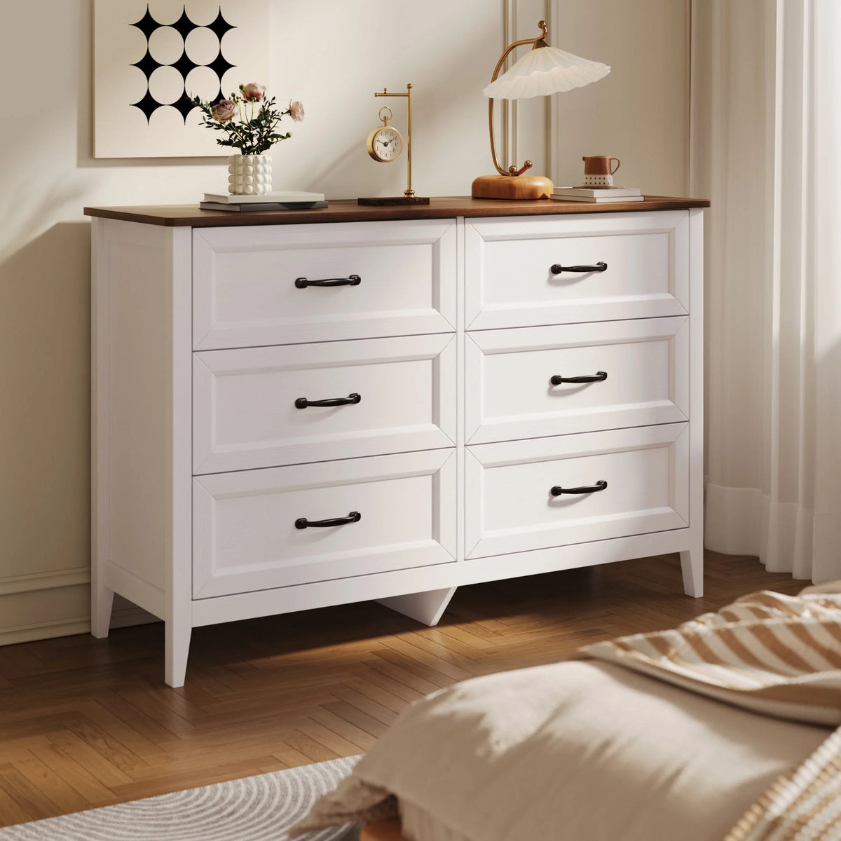 White Dresser, Lofka 6 Drawer Dresser for Bedroom, Chests of Drawers for Living Room, White?? Brown