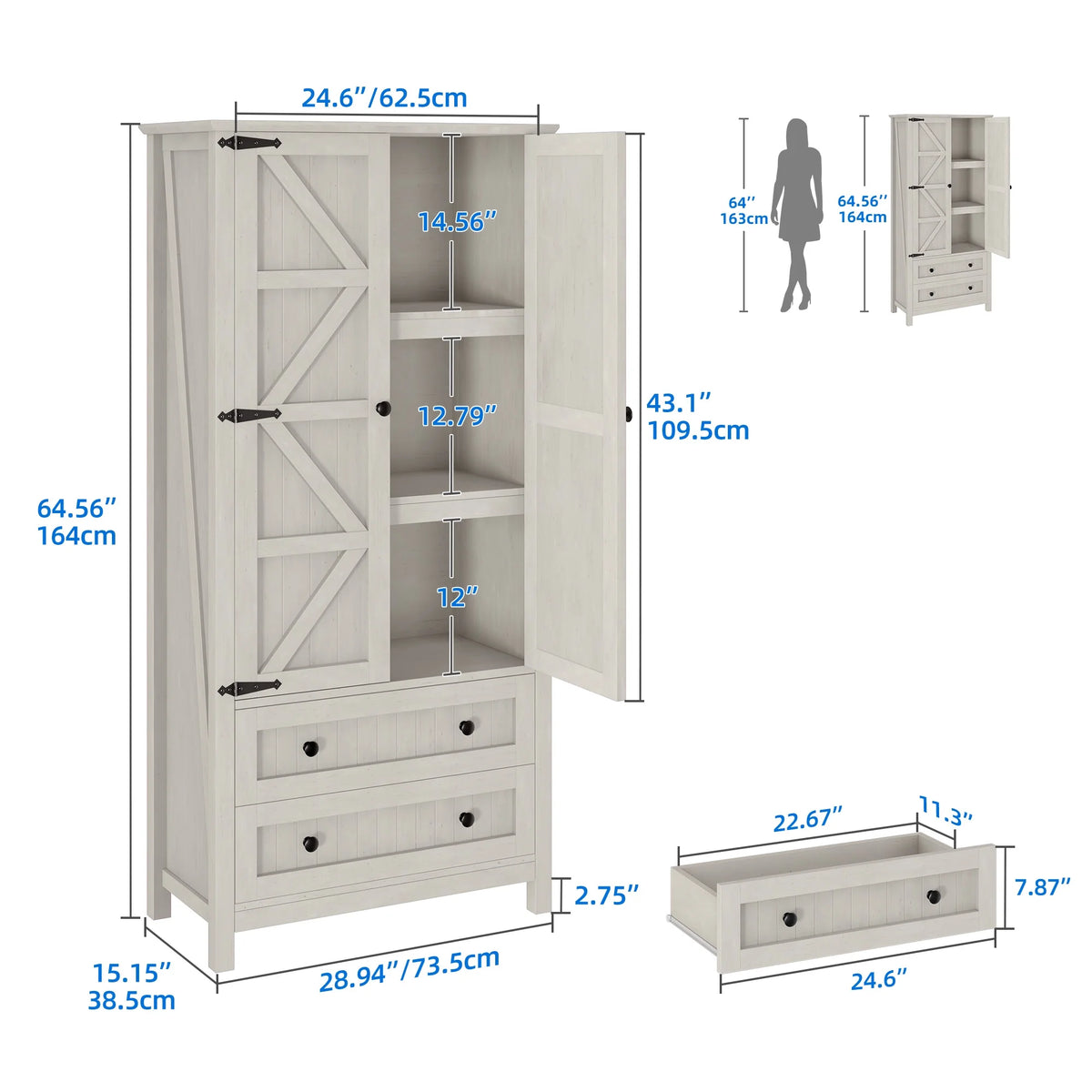 Dextrus 64.56" Tall Kitchen Pantry Cabinet with 2-Drawer and Adjustable Shelves, White Oak