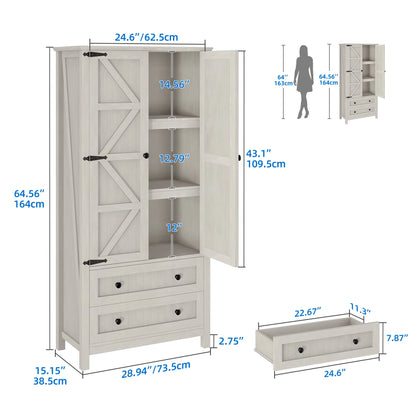 Dextrus 64.56" Tall Kitchen Pantry Cabinet with 2-Drawer and Adjustable Shelves, White Oak