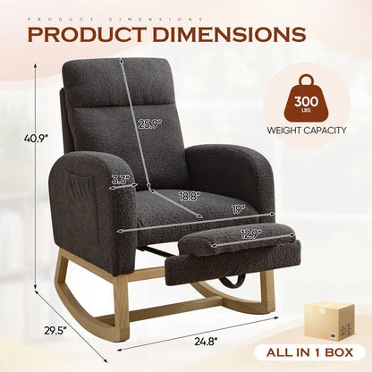 FFH Rocking Chair Nursery, Tufted Accent Rocker Chair, Upholstered Armchair with Adjustable Footrest, Side Pocket, High Backrest, Padded Seat, Polyester Blend (Retro, Dark Gray)