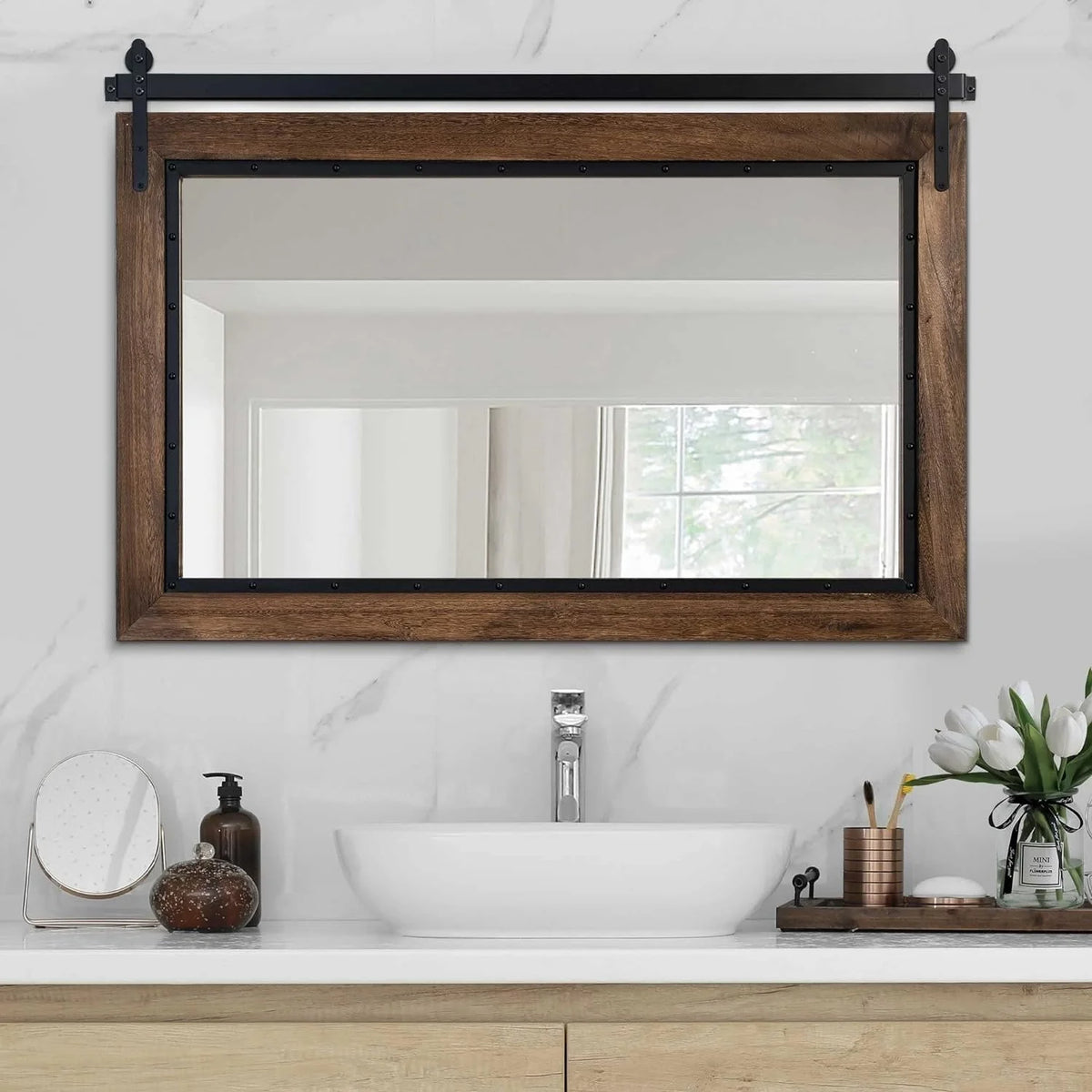 COSMOGO Farmhouse Barn Door Style Natural Wood Bathroom Vanity Wall Mirror 24"x32"