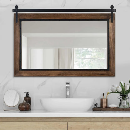 COSMOGO Farmhouse Barn Door Style Natural Wood Bathroom Vanity Wall Mirror 24"x32"