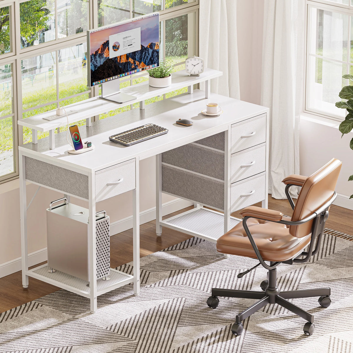 55.1" LED Gaming Desk with Drawers, Computer Desk with Outlets, Office Desk with 4 Drawers, Corner Desk, Writing Desk in White