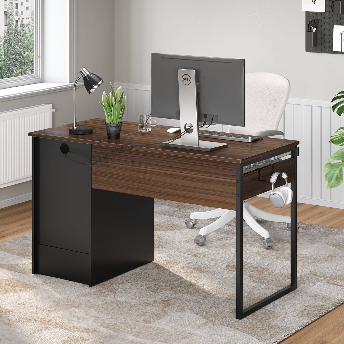 Bestier 55 Inch Office Desk with Drawers, Keyboard Tray, 2 Hooks, Modern Fluted Computer Desk for Home, Grey