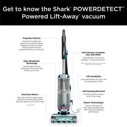 Shark POWERDETECT Upright Vacuum, Pet-Friendly, Two Brushroll System, Powerful Suction, DuoClean Detect, Self-cleaning Brushroll, Odor Neutralizer, LED Lights, AZ4000 Black/Teal