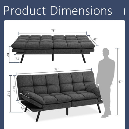 Convertible Memory Foam Futon Sofa Bed with Adjustable Armrests and Backrest,Gray