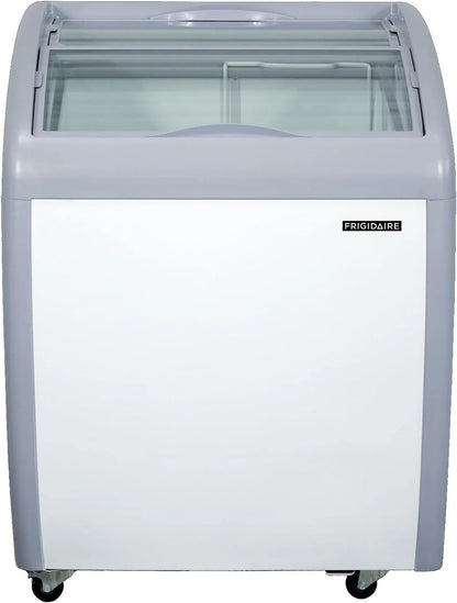Frigidaire Commercial Chest Freezer for Ice Cream and Frozen Foods, Glass Top Display Storage Case, 4 Cu. Ft. Bin, Rolling Caster Wheels, Adjustable Temperature, Energy Efficient Cooling