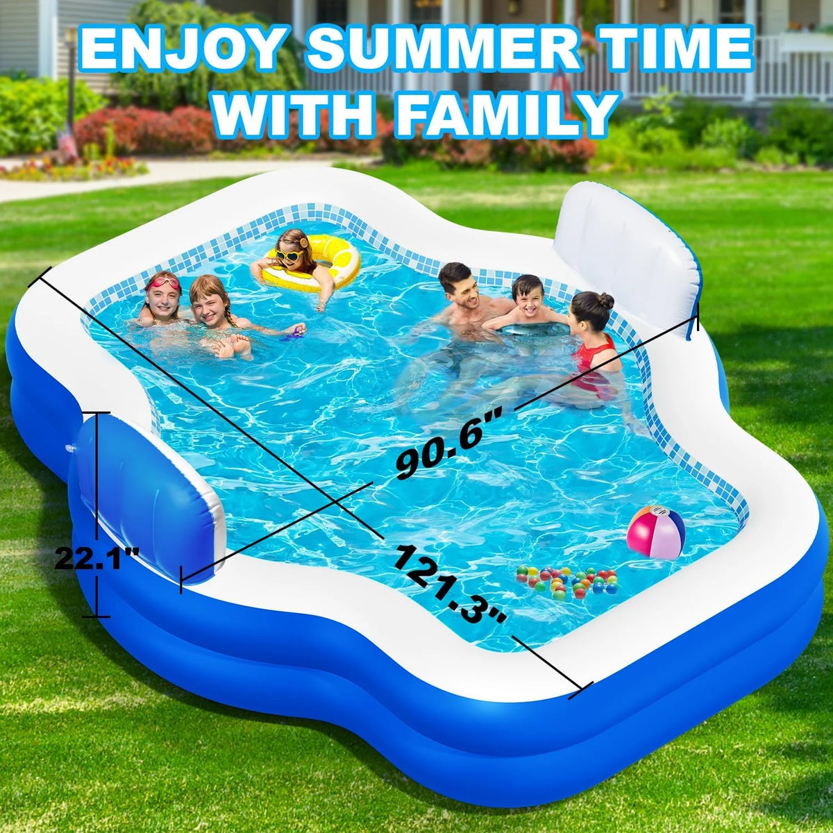 Large Inflatable Swimming Pool for Kids Adults, 121" X 90" X 22" Oversized Thickened Kiddie Pools Family Blow-Up Pool with Pump Seat, Inflatable Pools for Garden, Backyard, Indoor Outdoor Water Party