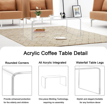 VDGPWA 32" Rectangle Waterfall Coffee Table, 0.6" Thick All Acrylic, Clear