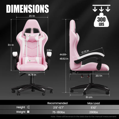 Bigzzia Gaming Chair Office Chair, Ergonomic Game Chair with Height Adjustable Headrest and Lumbar Support for Adults Teens, Black & White