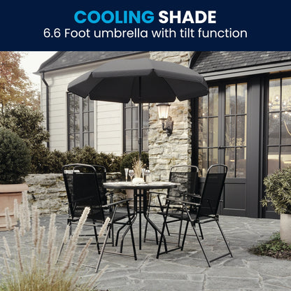 Flash Furniture Nantucket 6 Piece Black Patio Garden Set with Umbrella Table and Set of 4 Folding Chairs