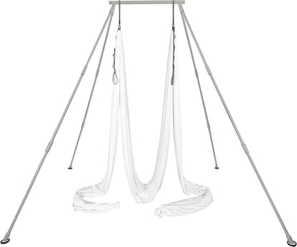 Kojem 97"/2.46m Aerial Stand Yoga Frame Portable Rig Yoga Swing Bar 551 LBS/250KG Indoor Outdoor Aluminum �?Nylon with 39Ft/11.8m Aerial White Silk Yoga Hammocks