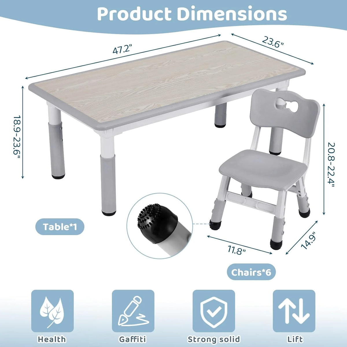 Arlopu Adjustable Kids Table and 6 Chairs Set, Toddler Play Activity Table Set with Graffiti Tabletop, Preschool Kids Furniture Table Set for Reading, Drawing, Eating