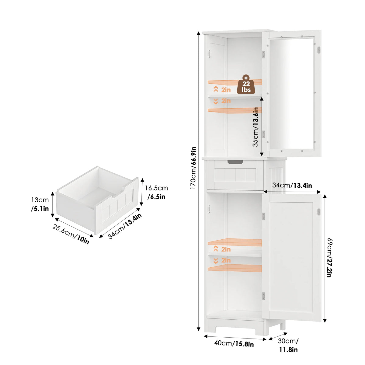 Homfa Bathroom Storage Tower, Narrow Linen Cabinet with Door and Drawers, Tall Bathroom Storage Cabinet for Small Spaces, White