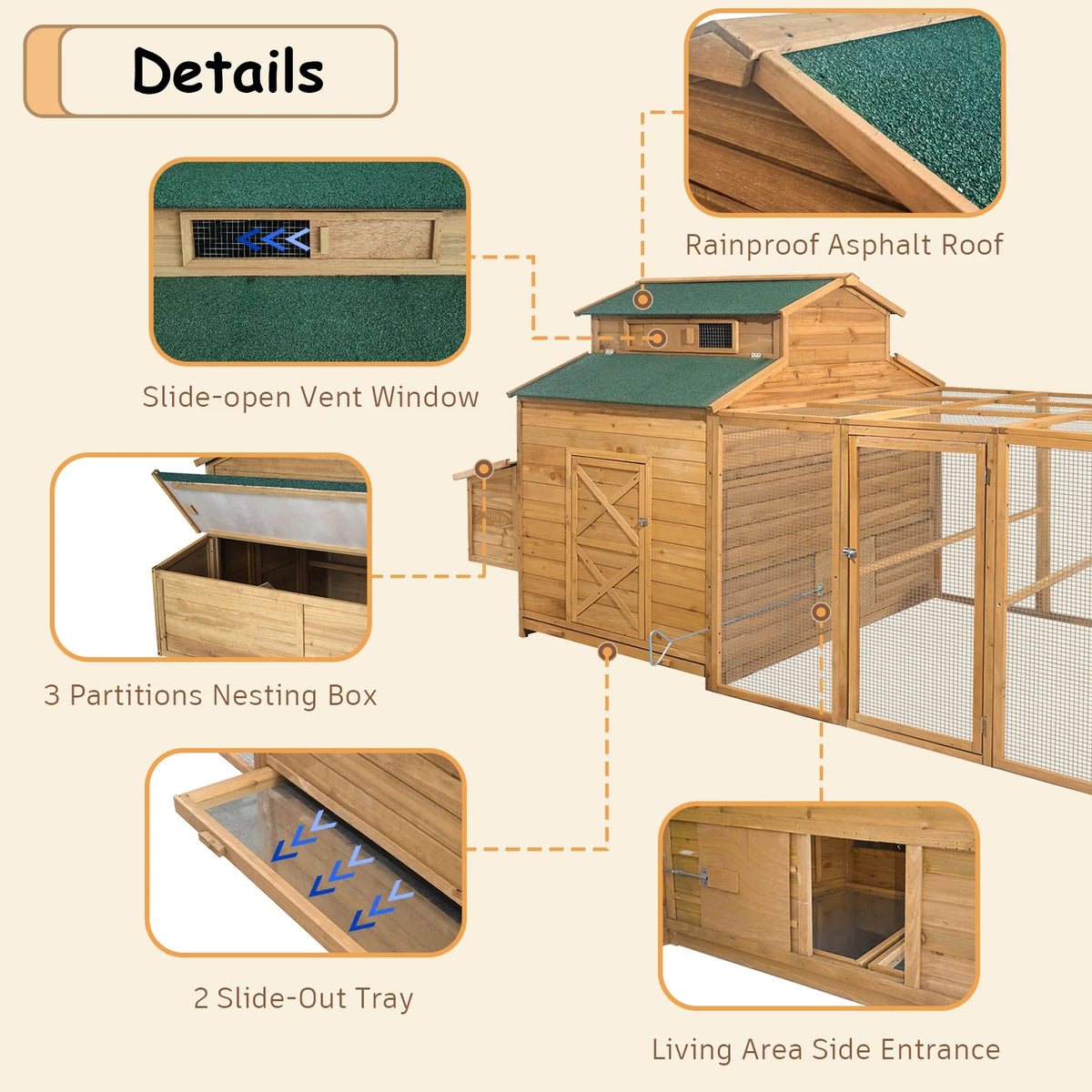 Chicken Coop for 6-10 Chickens, 112" Extal Large Chicken Coops, with Chicken Run & Nesting Box & Secure Enclosure, Outdoor Wooden Hen House Hutch for Rabbit, Poultry Pet, Duck
