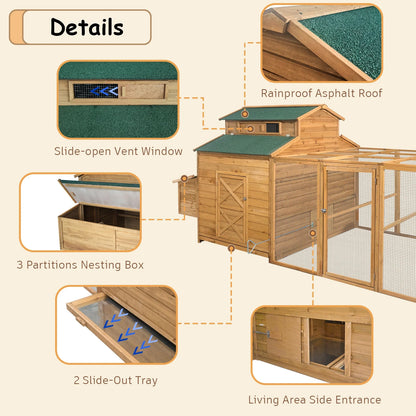 Chicken Coop for 6-10 Chickens, 112" Extal Large Chicken Coops, with Chicken Run & Nesting Box & Secure Enclosure, Outdoor Wooden Hen House Hutch for Rabbit, Poultry Pet, Duck