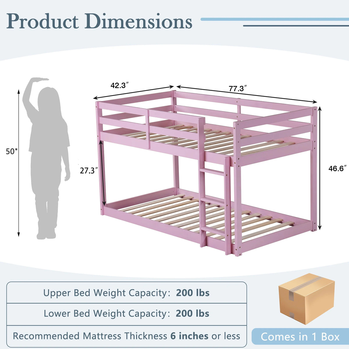Twin Over Twin Floor Bunk Bed, UHOMEPRO Solid Wood Low Bunk Bed with Safety Rail, Ladder, Heavy Duty Bunk Beds, Space-Saving Bedroom Dorm Furniture, Gray
