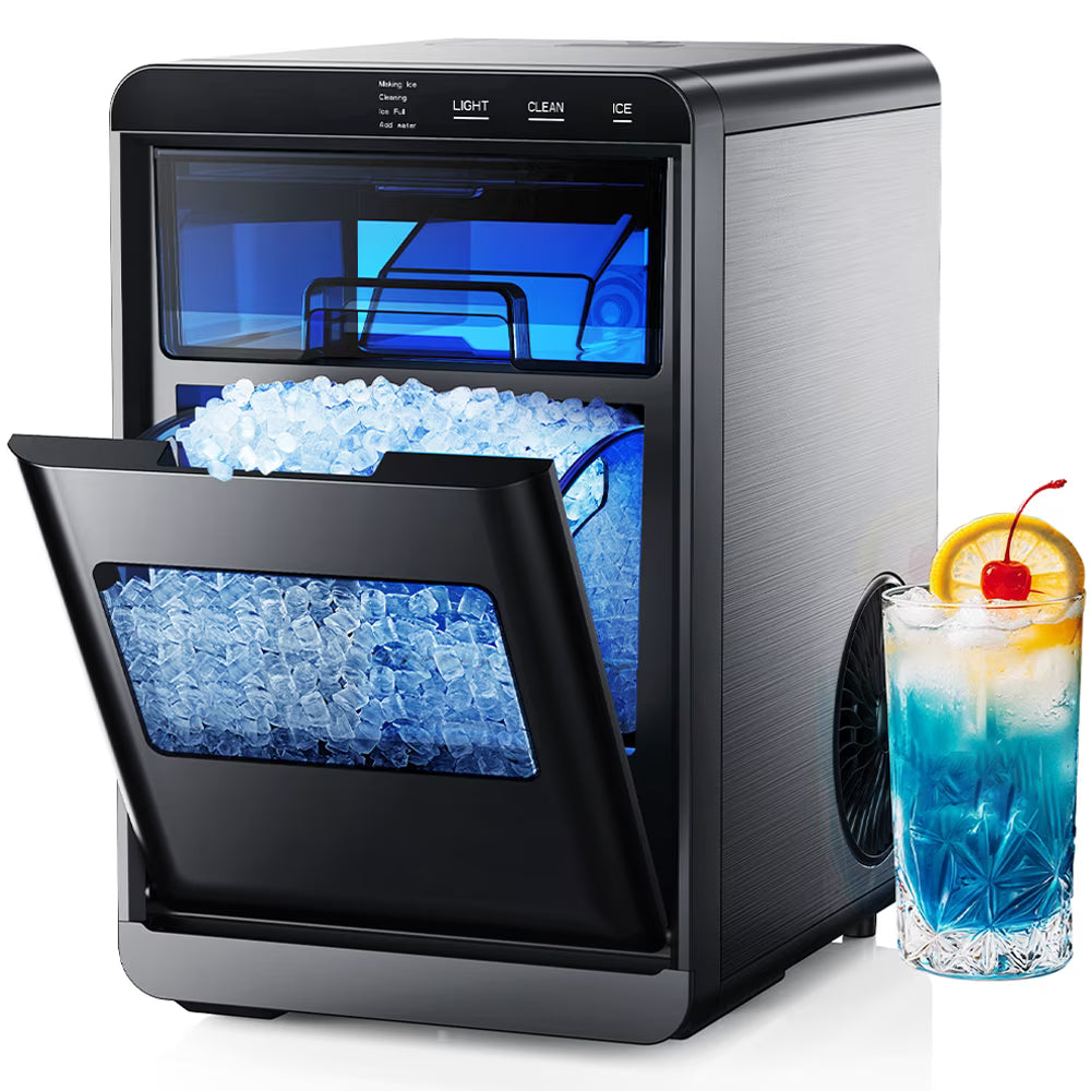 Simzlife Nugget Ice Maker Countertop, 44.9lbs per Day Chewable Pebble Nugget Ice Machine with Touch Screen for Home, Kitchen, Office, Stainless Steel, Black