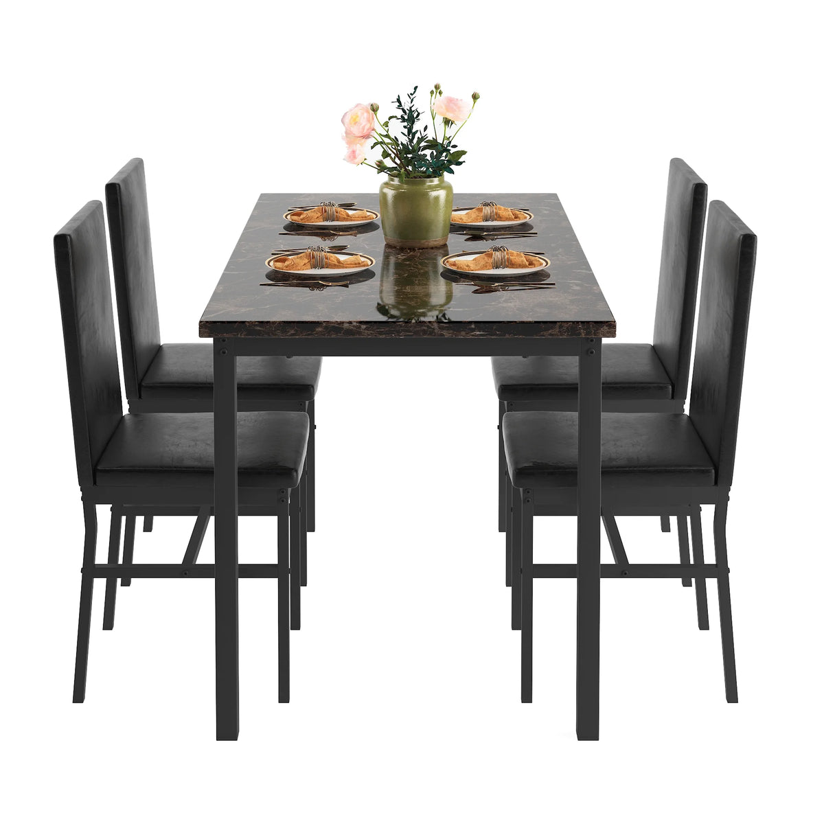 5 Piece Dining Set, Modern Dining Table and Chairs Set for 4, Counter Height Bar Table Set, Modern Pub Table with 4 Velvet Fabric Cushioned Stools, Faux Marble Dining Table & Stools Set, D9297