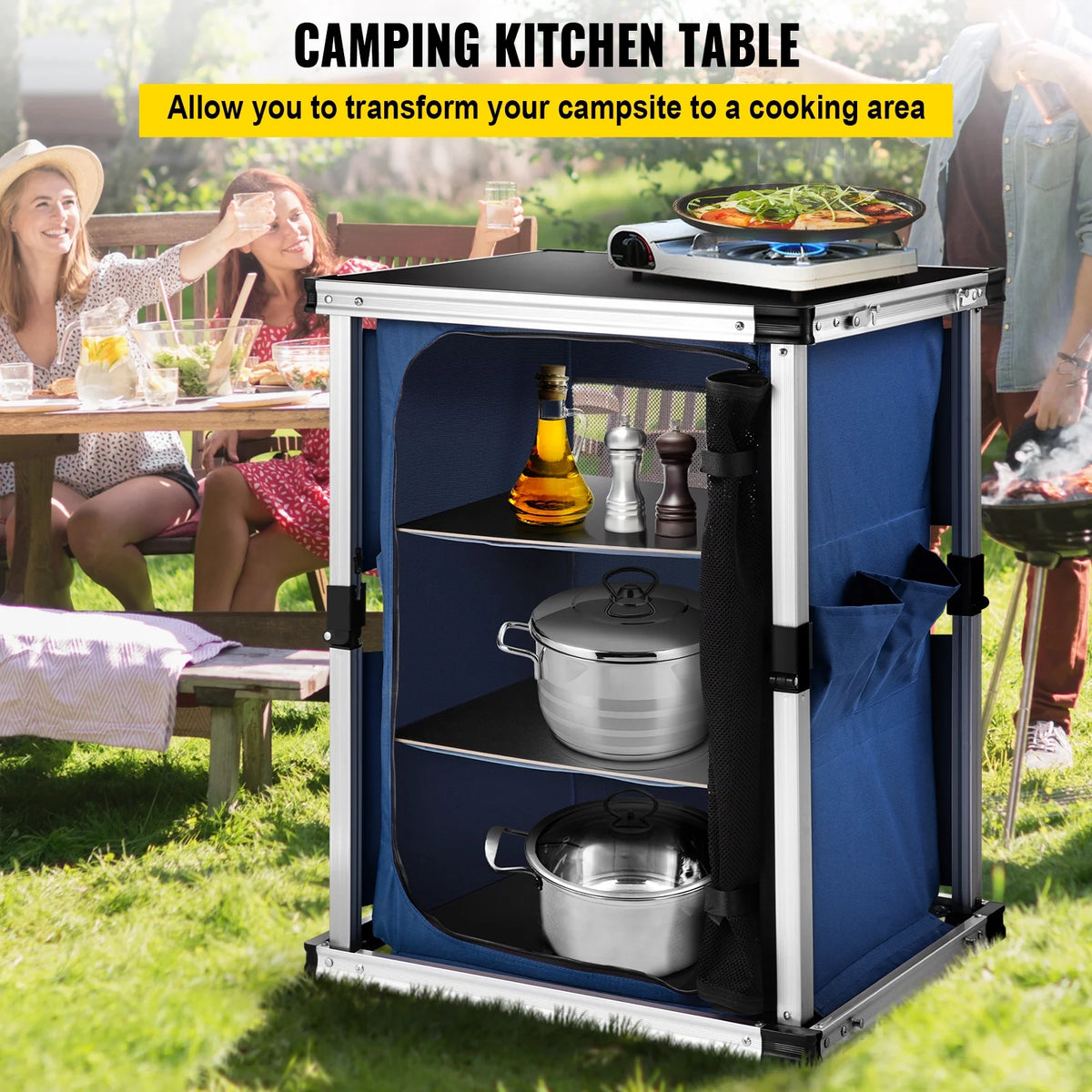 Camping Kitchen Station, Aluminum Portable Folding Cook Table with 3-Tier Storage Organizer, Side Pocket and Carrying Bag, for Outdoor BBQ Party Backyards and Tailgating, Blue