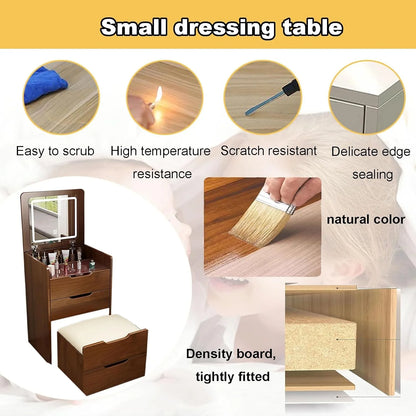 Miniyam Vanity Desk with Lighted Flip Mirror, Drawers & Stool, Makeup Table for Adults, Walnut