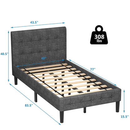 Costway Twin Upholstered Bed Frame Button Tufted Headboard Mattress Foundation Grey