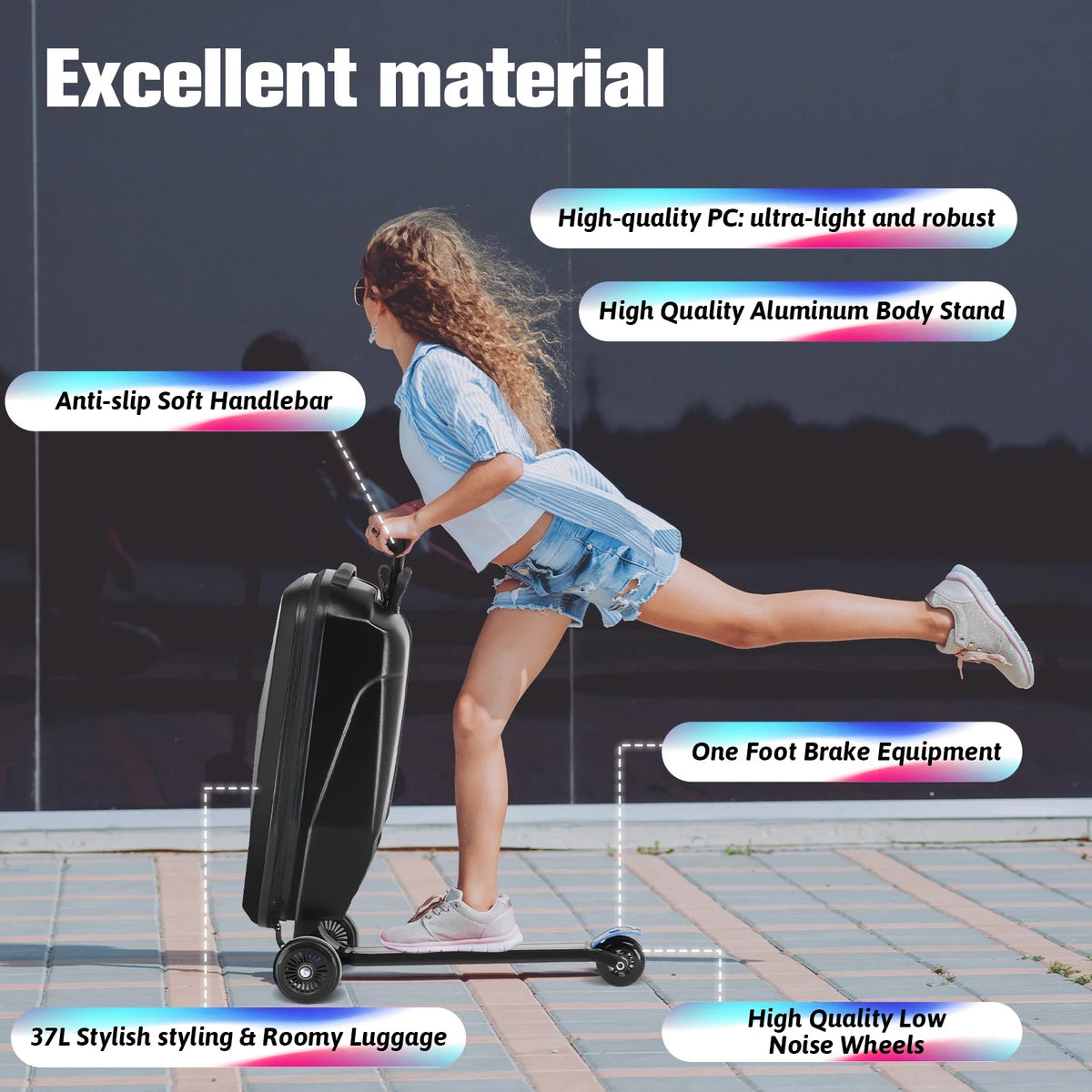 Advwin Scooter Luggage for Kids & Adults, Hardside Ride on Suitcase for Kids Ages 4-15 Multifunctional Lightweight Foldable Carry on Luggage with Wheels Ride on for Children Teenagers, Pink