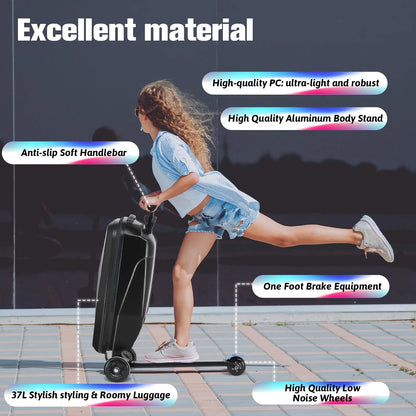 Advwin Scooter Luggage for Kids & Adults, Hardside Ride on Suitcase for Kids Ages 4-15 Multifunctional Lightweight Foldable Carry on Luggage with Wheels Ride on for Children Teenagers, Pink