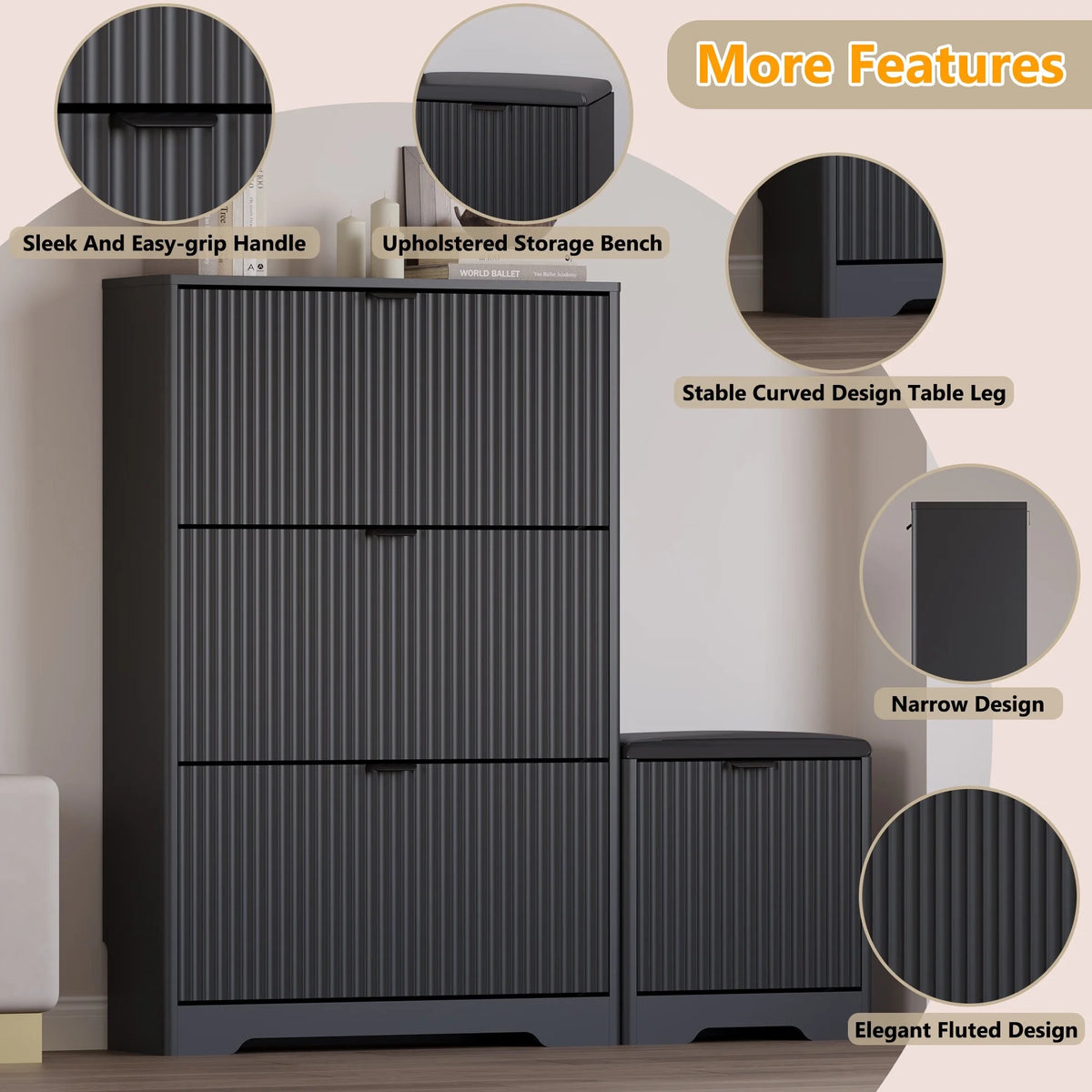 FANRAL Shoe Cabinet with 2 Flip Drawers & Open Storage,Fluted Shoe Storage Cabinet Rack Organizer with Adjustable Shelves for Entryway,Closet,Hallway,White