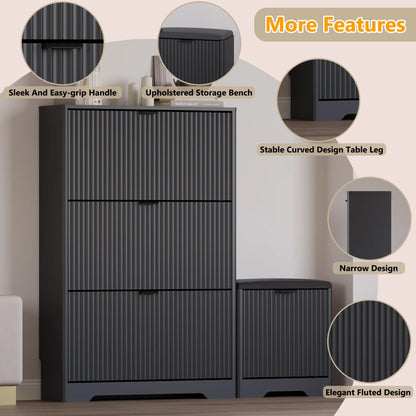 FANRAL Shoe Cabinet with 2 Flip Drawers & Open Storage,Fluted Shoe Storage Cabinet Rack Organizer with Adjustable Shelves for Entryway,Closet,Hallway,White