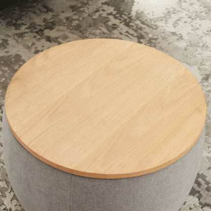 BTMWAYRound Coffee Table, 2 in 1 Round Storage Ottoman with Reversible Lid Tray, Upholstered Round Storage Ottoman Coffee Table with Storage, Footstool End Table for Living Room, Bedroom, Light Gray