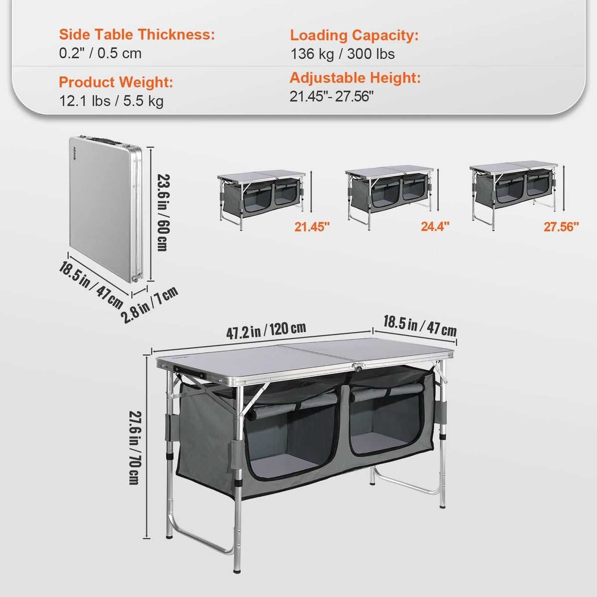 BENTISM Camping Kitchen Table Folding Portable Cook Station 3 Adjustable Heights
