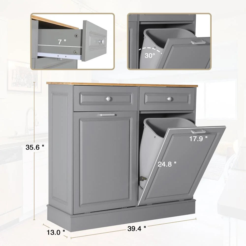 Eclife 20 Gallons Double Tilt Out Trash Cabinet Wood Tabletop, Upgrade Gray, WB010GY