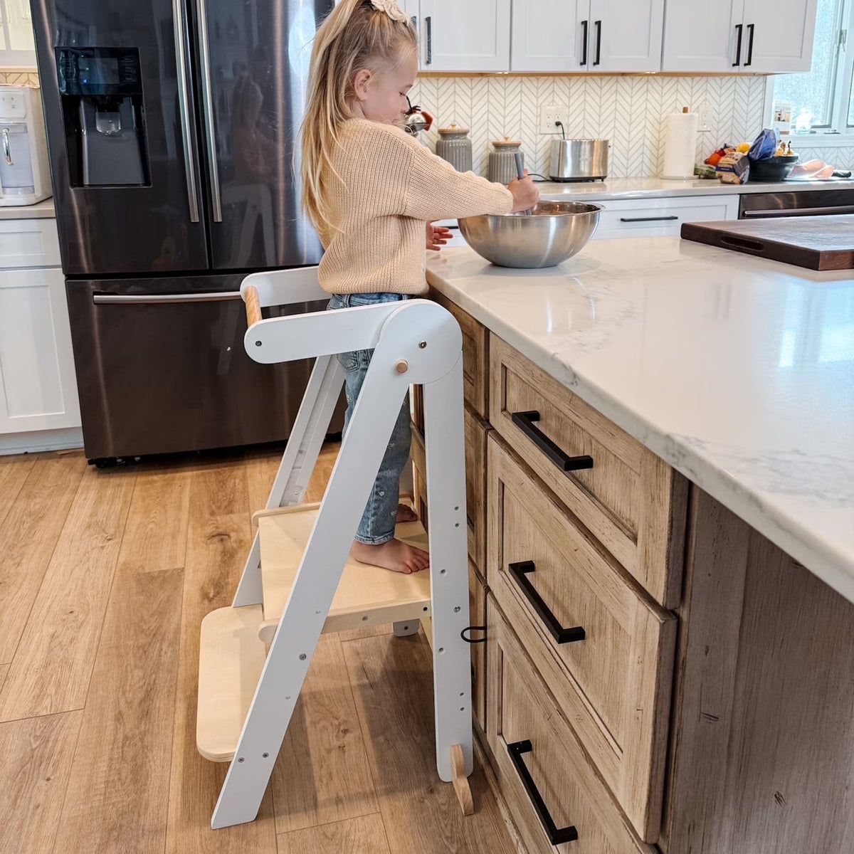 HARPPA Foldable Toddler Kitchen Tower, Standing Tower for Kids Age 1.5-6 Years, White